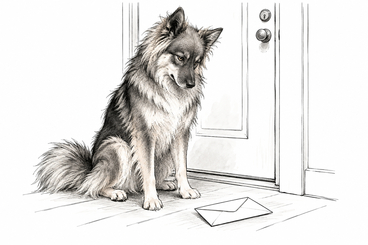 Hilux inspecting an envelope by the front door.